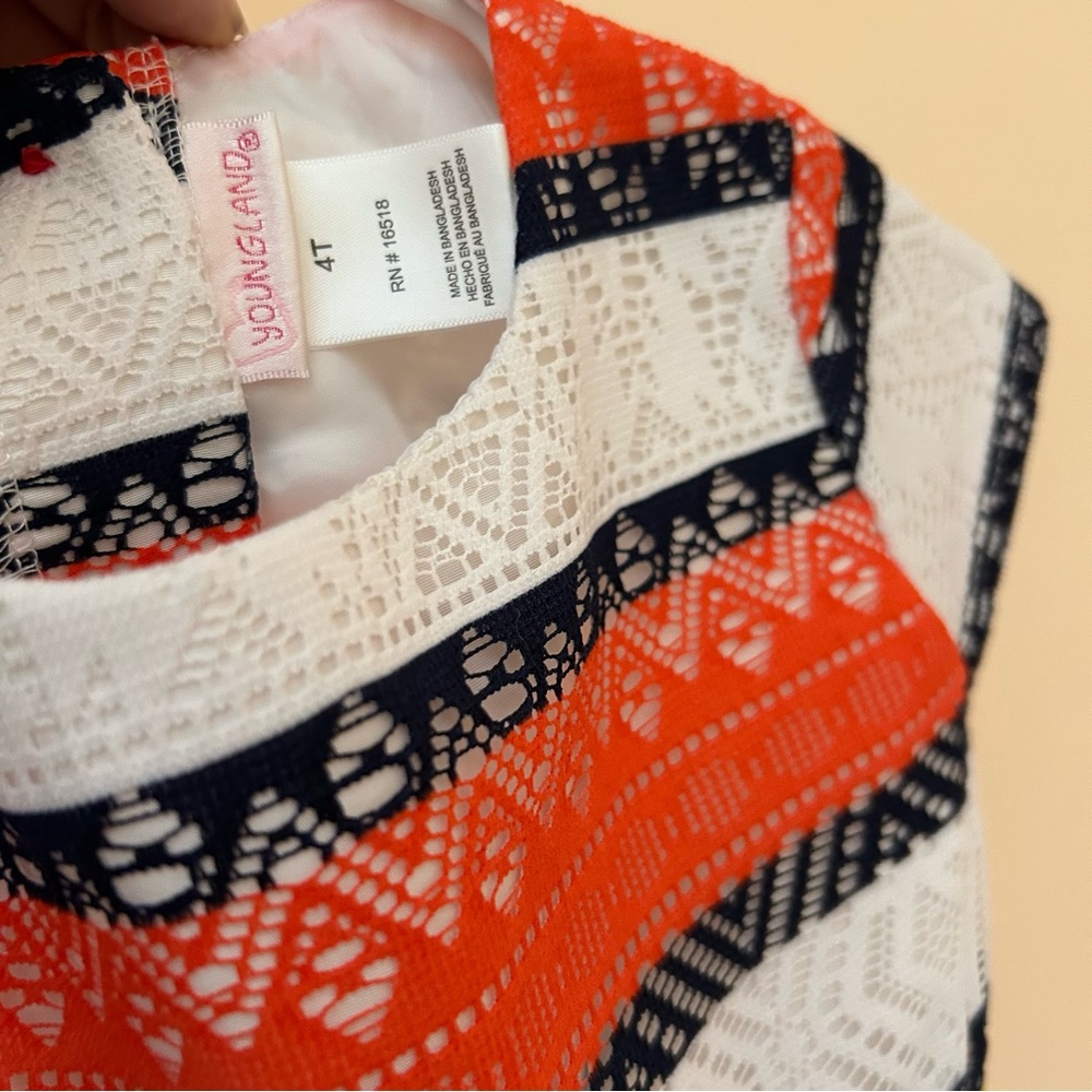 Colorblock Lace Party Dress | Girl 4T | Fit & Flare | Orange Navy Mint Yellow - Picture 5 of 6